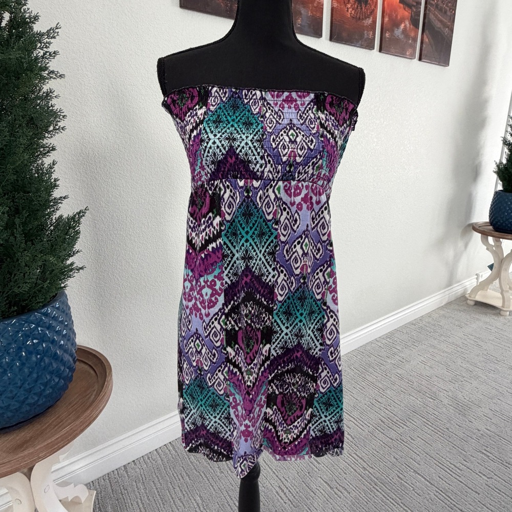OP‎ Vintage Y2K Strapless Smocked Tube Dress Womens Small Purple Ikat Print